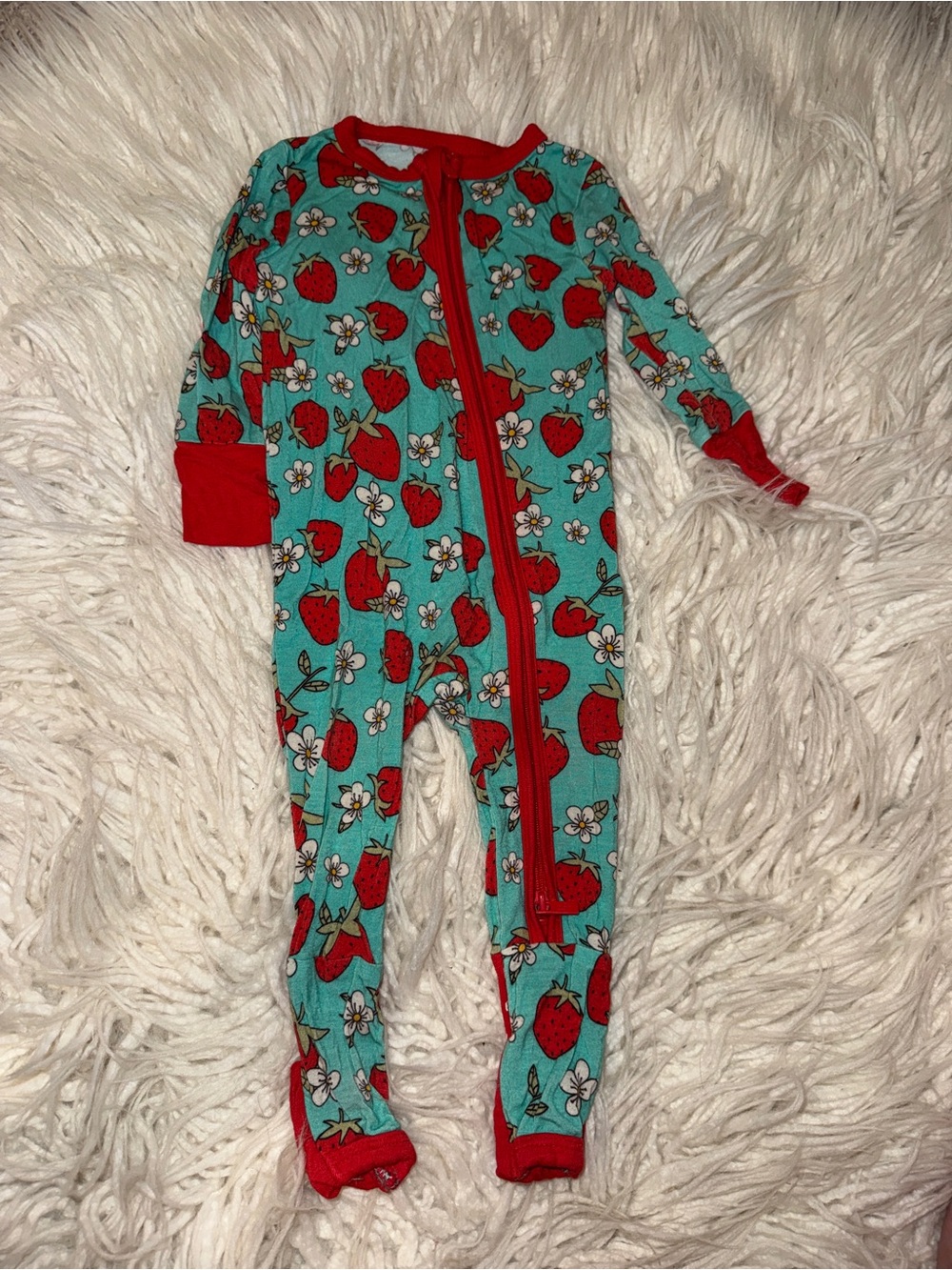 Posh Peanut Strawberry Print Footed One-Piece - Red & Teal